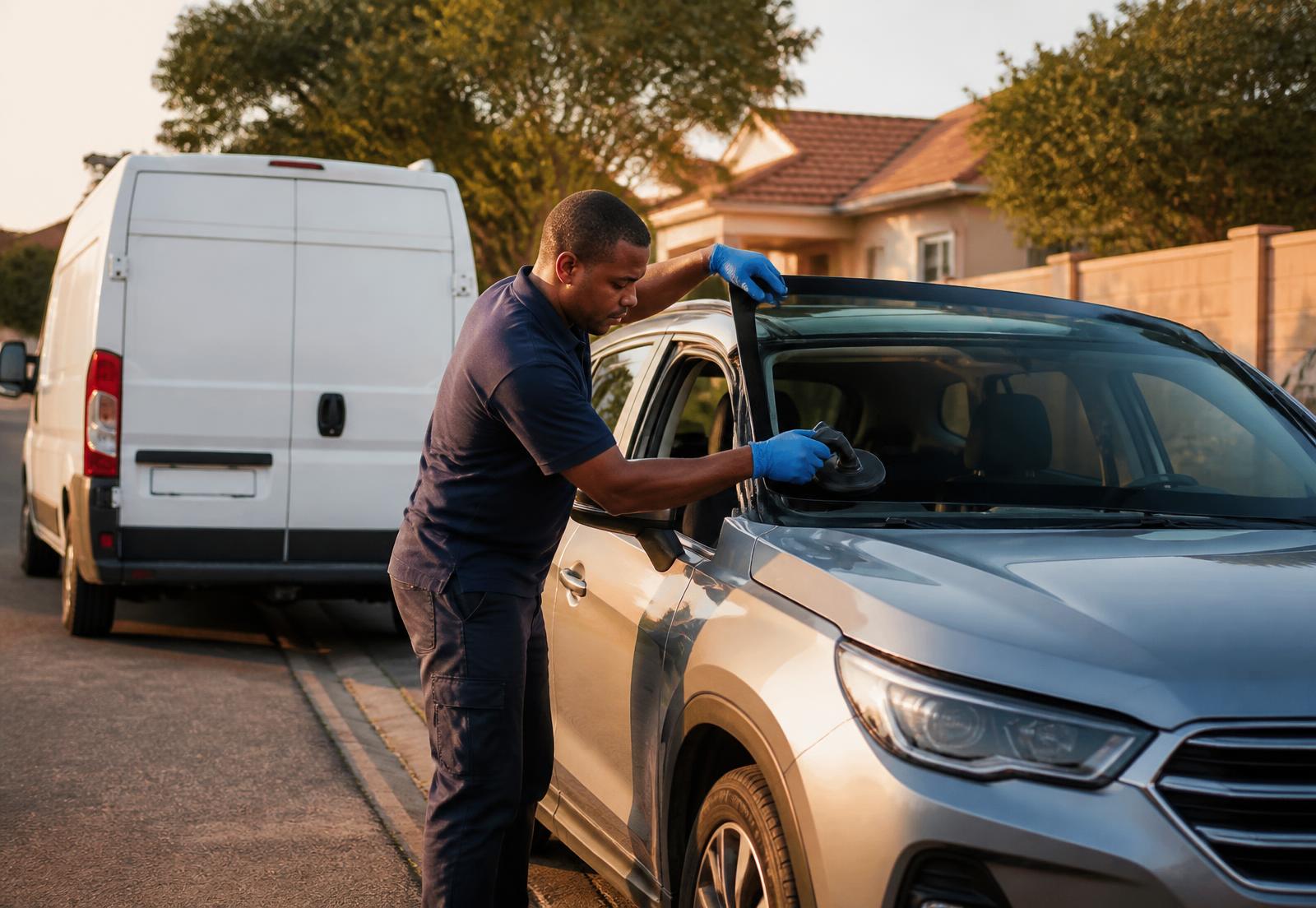 Mobile technician fitting a new windscreen on an SUV in Gauteng